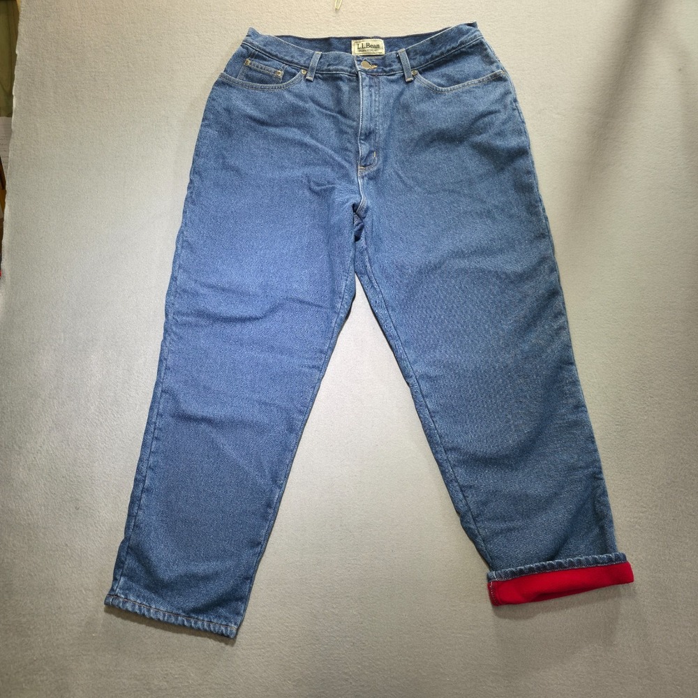 LL‎ Bean Women's Original Fit Relaxed Fit Fleece Lined Denim Blue Jeans Sz 16Pet